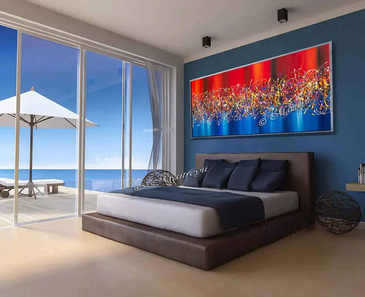 Jackson Pollock Style Art featuring abstract drip painting in modern bedroom with ocean view.