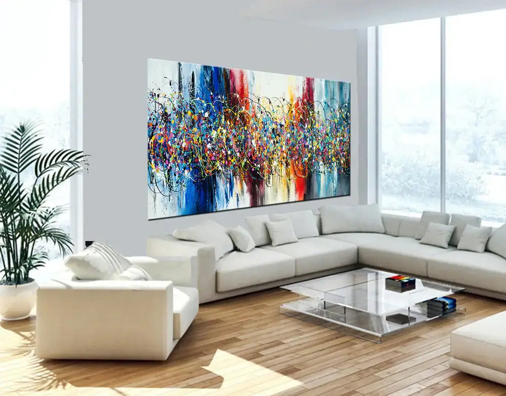 Abstract Angel Paintings adding vibrant colors and spiritual elegance to a modern living room interior.