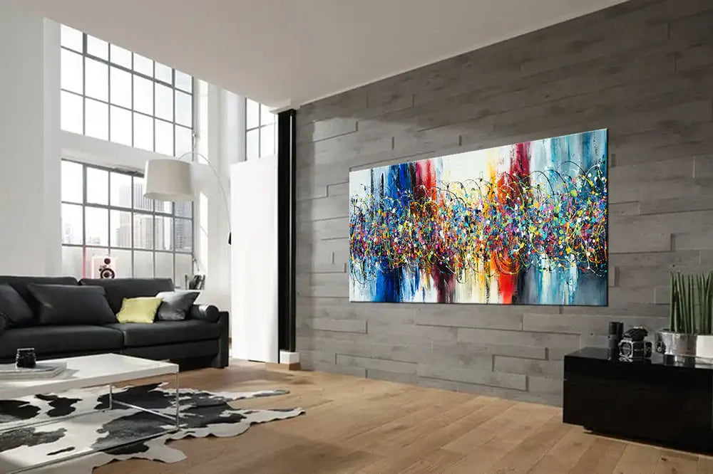 Abstract Angel Paintings displayed in a modern living room setting with luminous colors and contemporary decor.