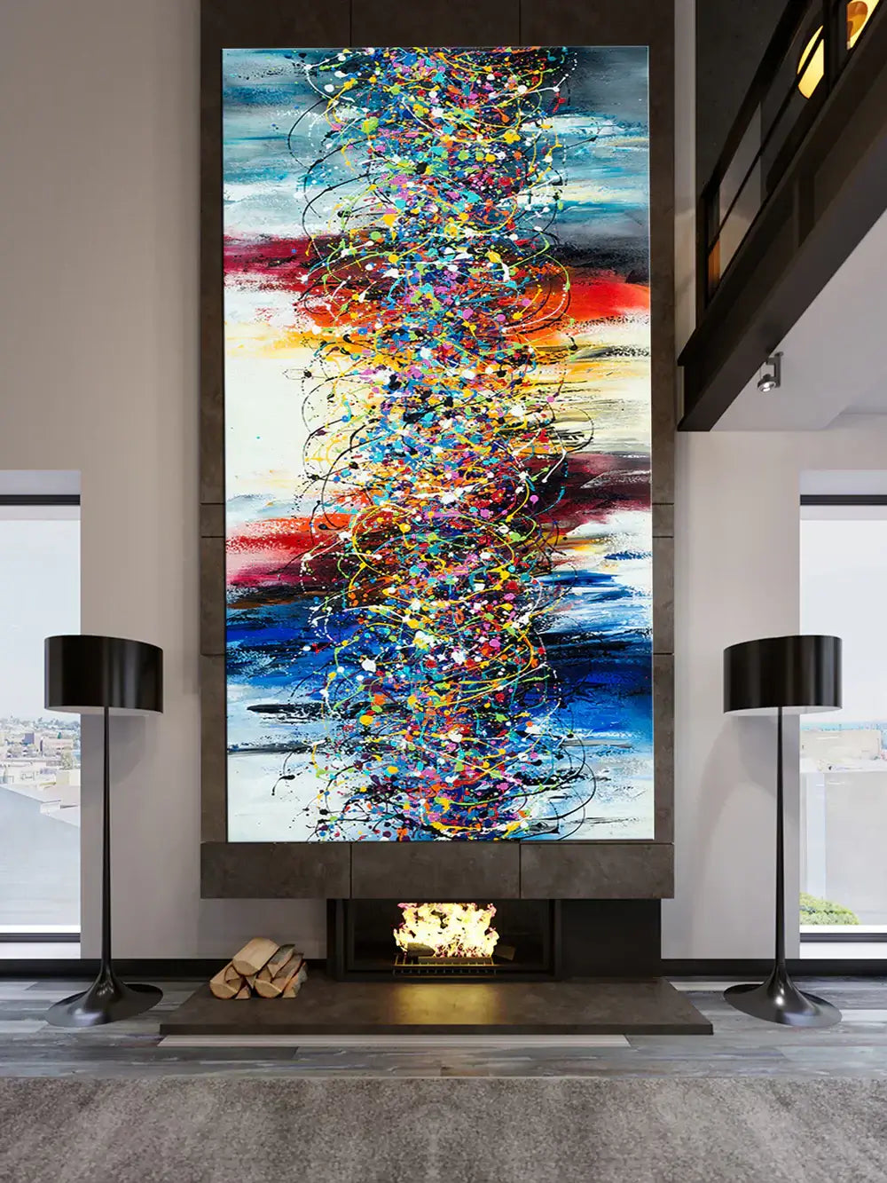 Abstract Angel Paintings in modern interior showcasing vibrant colors and uplifting art above a fireplace.