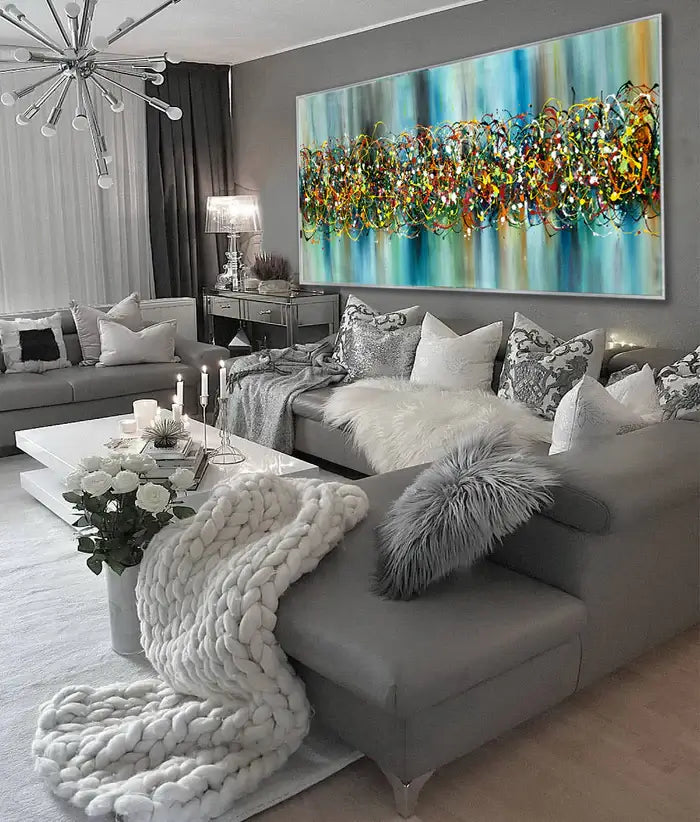 Extra large abstract art depicting Jackson Pollock style, showcasing ocean wall art in a modern living room setting.