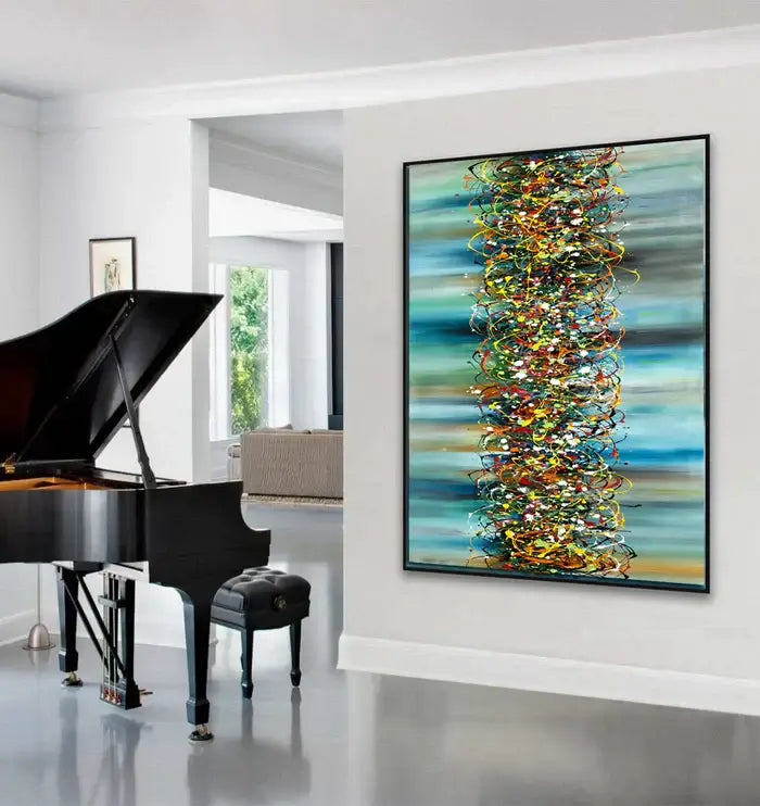 Extra large abstract art piece featuring vibrant colors, capturing the essence of ocean wall art in a modern interior space.