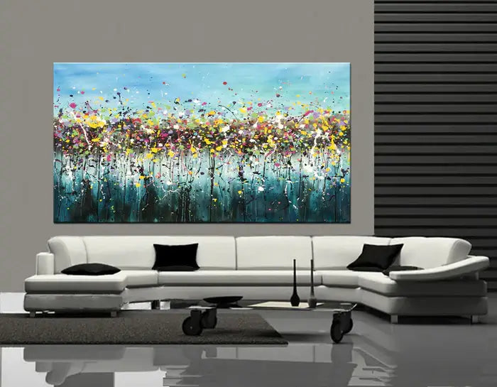 Large Modern Art - Jackson Pollock Style wall art showcasing vibrant colors and abstract design in a modern living room.