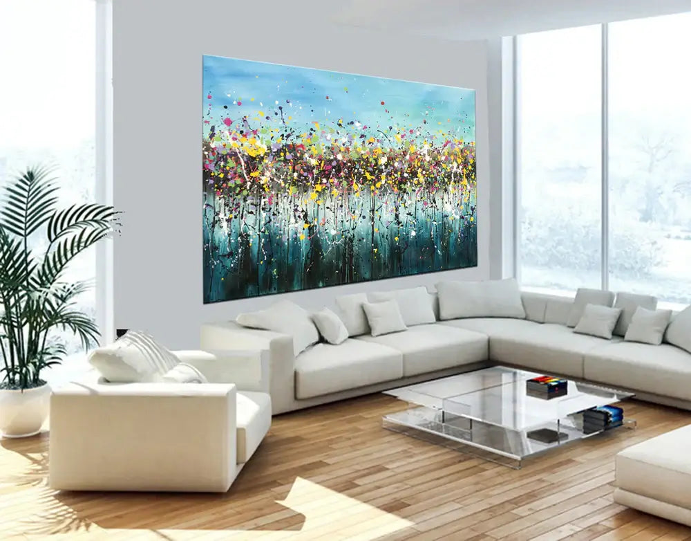 Large Modern Art Jackson Pollock Style wall art displayed in a modern living room with light decor.