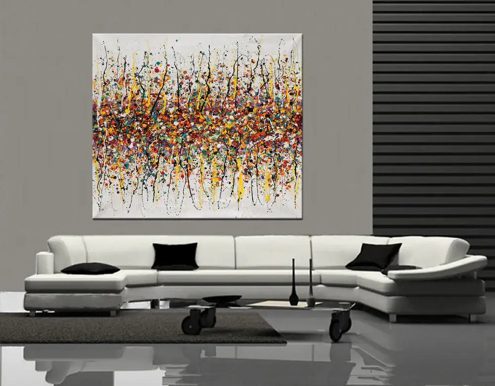 Splatter painting wall decor featuring vibrant colors and abstract design, perfect for modern interiors.