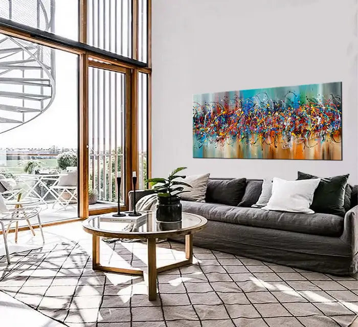Jackson Pollock Style abstract painting titled Beauty of Bridge in modern living room decor.