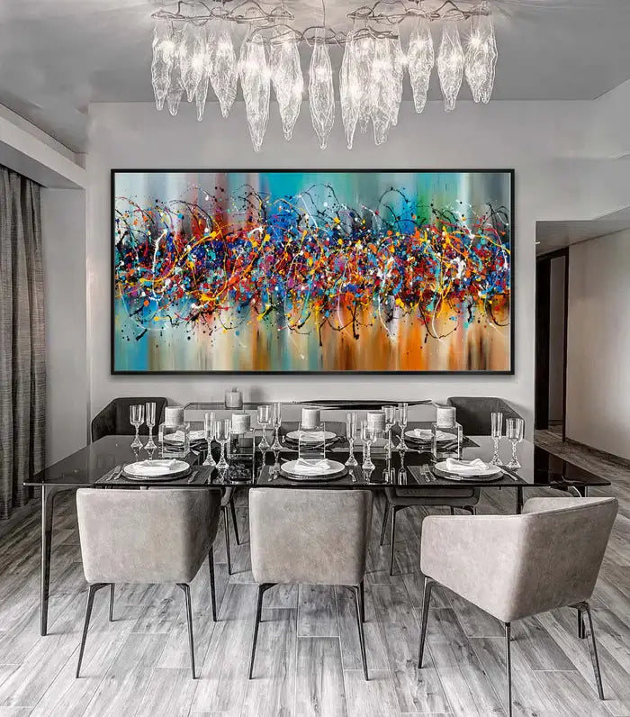 Jackson Pollock Style painting Beauty of Bridge displayed in a modern dining room with elegant decor.