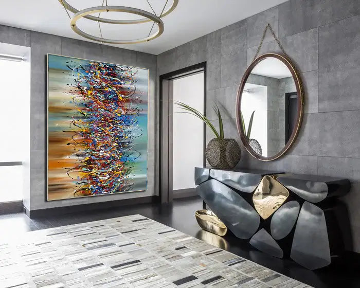 Jackson Pollock Style abstract painting 'Beauty of Bridge' displayed in a modern living room setting.