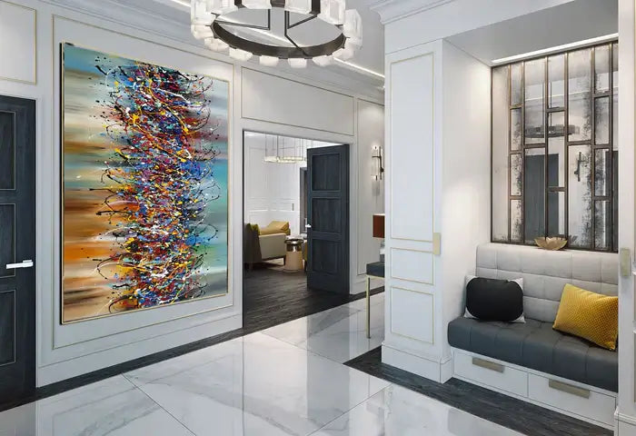Large Jackson Pollock Style abstract painting displayed in a modern, stylish entryway with elegant decor.