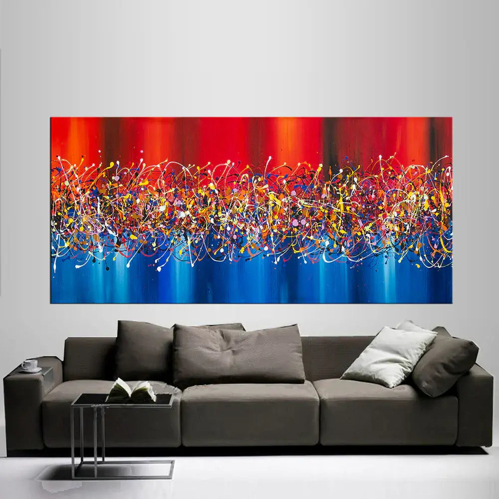 Abstract Expressionism Drip Painting showcasing vibrant colors and dynamic strokes above a modern sofa in a stylish interior.