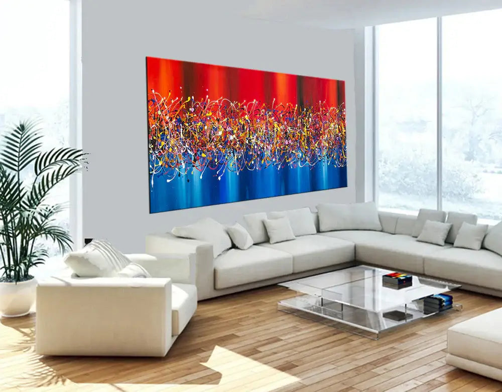 Abstract Expressionism Drip Painting showcased in a modern living room with vibrant colors and contemporary decor.