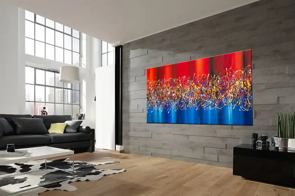 Abstract Expressionism Drip Painting displayed in a modern living room with sleek furniture and large windows.