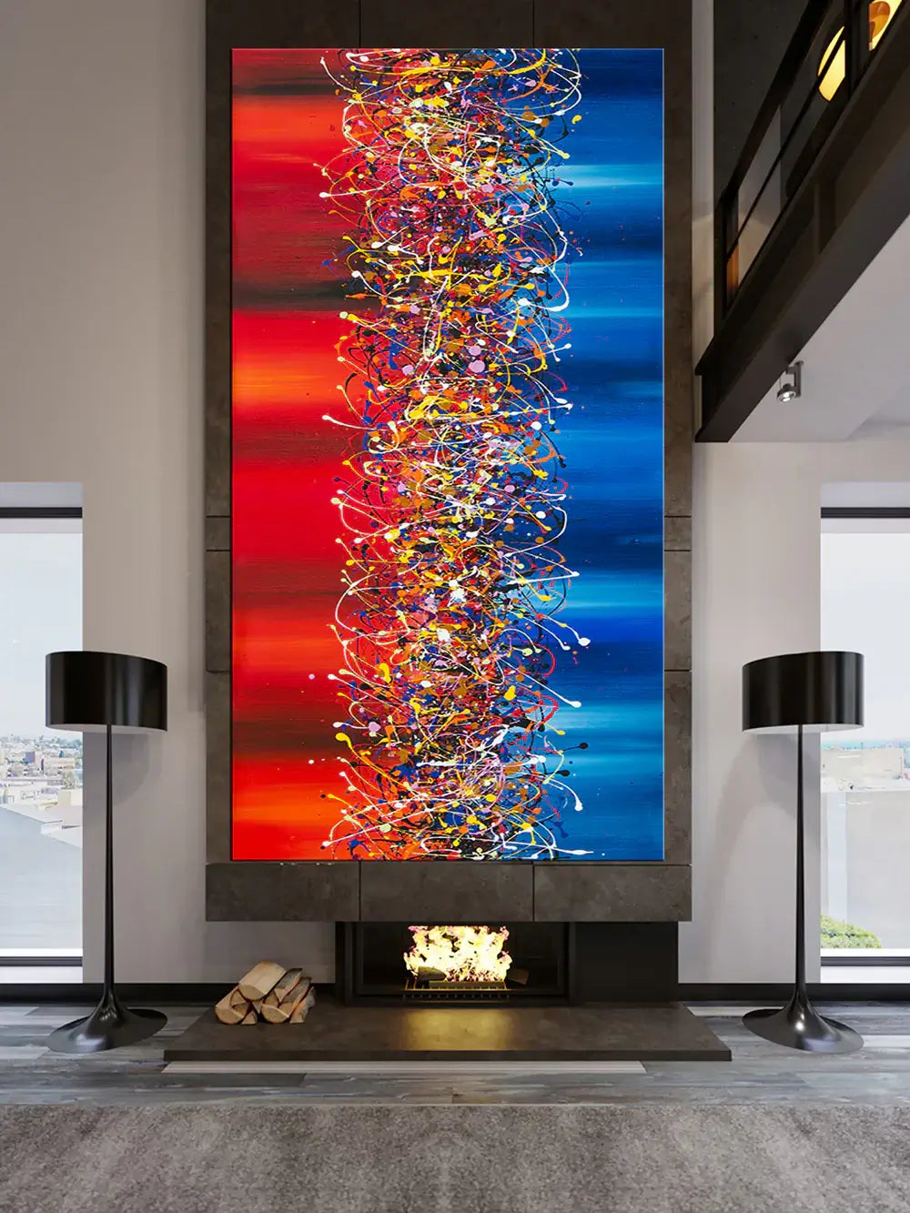Abstract Expressionism Drip Painting displayed in a modern living room with a fireplace and stylish decor.