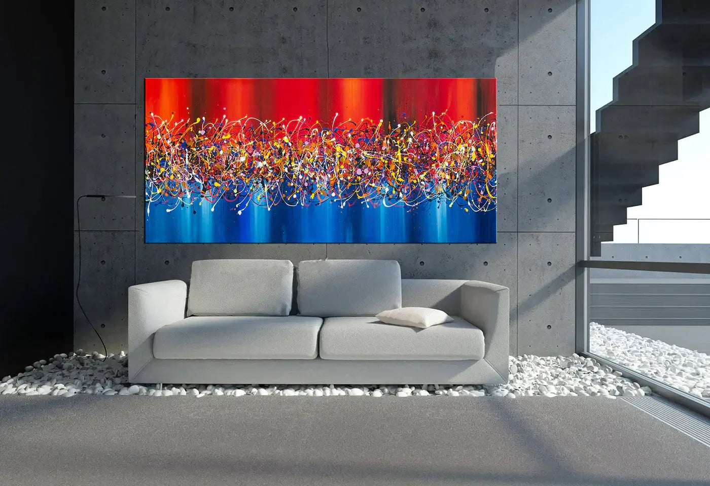 Abstract Expressionism Drip Painting on a wall above a modern sofa in a chic interior setting.
