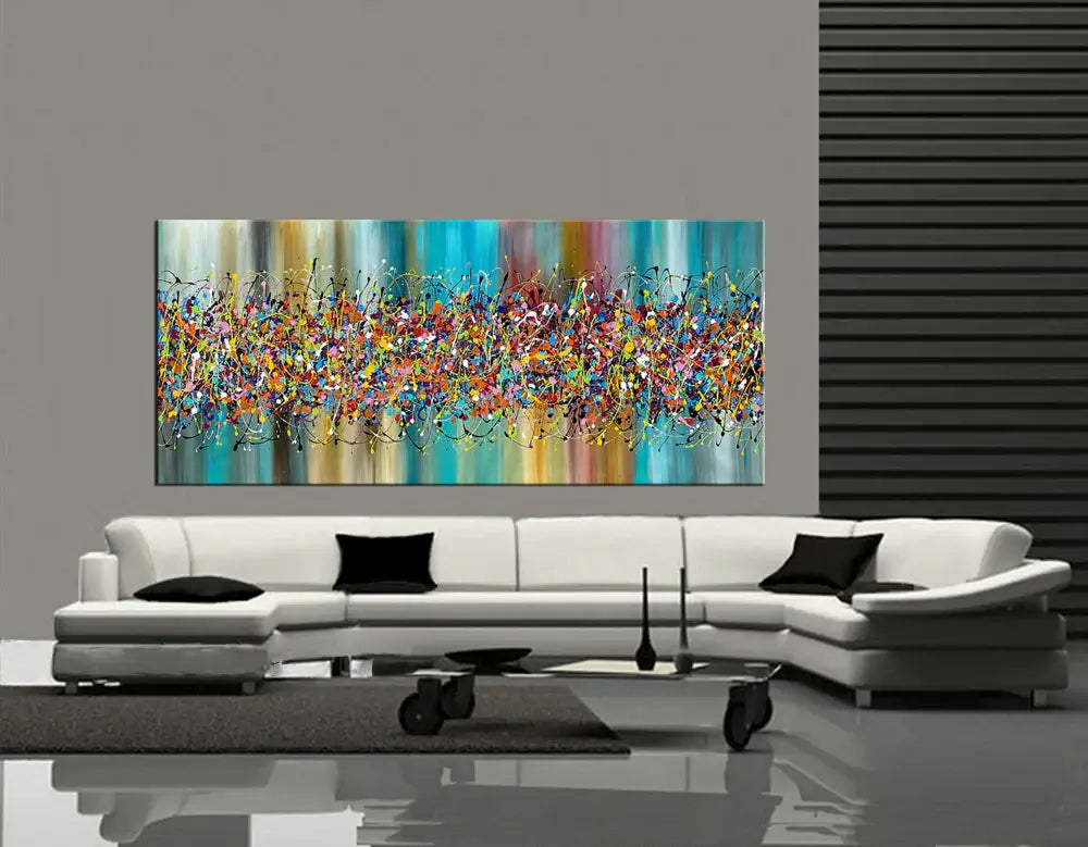 Painting Jackson Pollock Style - Abstract drip art featuring vibrant colors and dynamic expression in a modern living room.