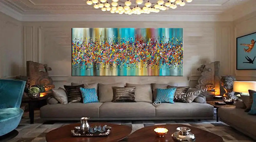 Painting Jackson Pollock Style displayed in a modern living room, showcasing vibrant colors and abstract drip art.