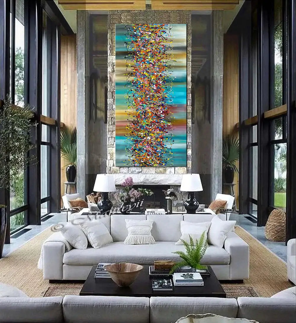 Painting Jackson Pollock style displayed in a modern living room with large windows and stylish decor.