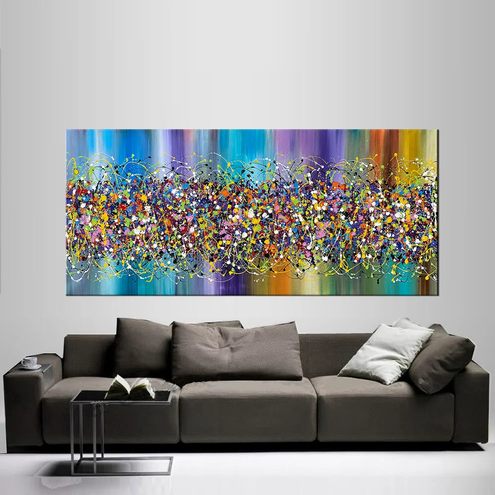 Large Pollock Style Abstract Art "Beauty of Bridge 9" large colorful drip painting on canvas, modern wall art above sofa