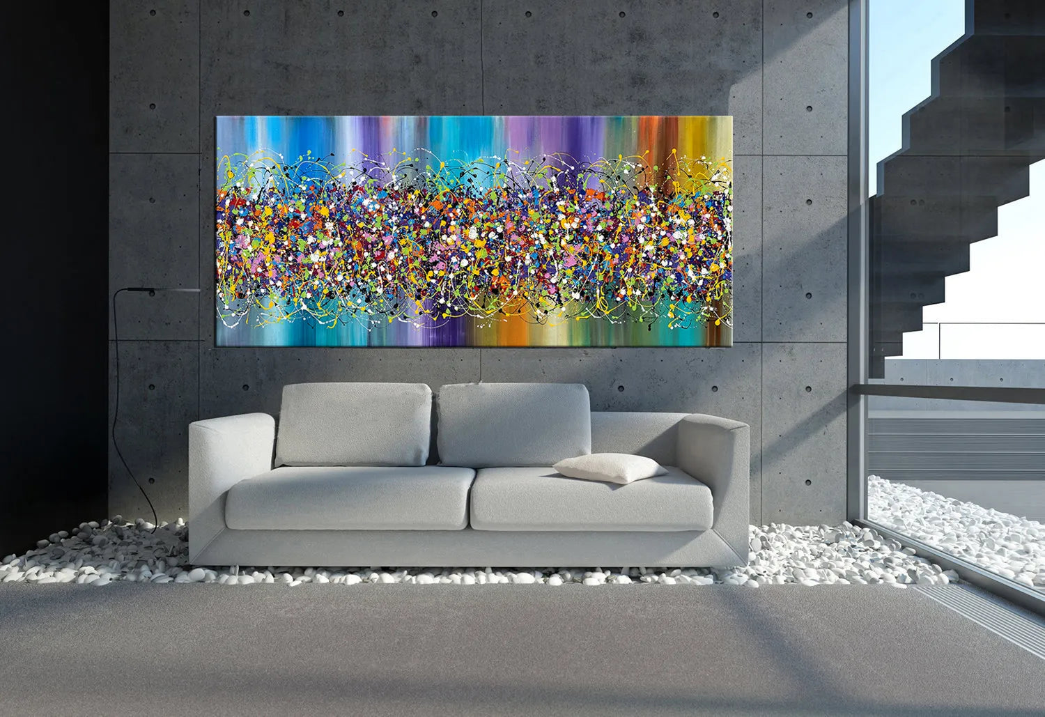 Large Pollock Style Abstract Art "Beauty of Bridge 9" colorful drip painting on large canvas above modern sofa in contemporary living room