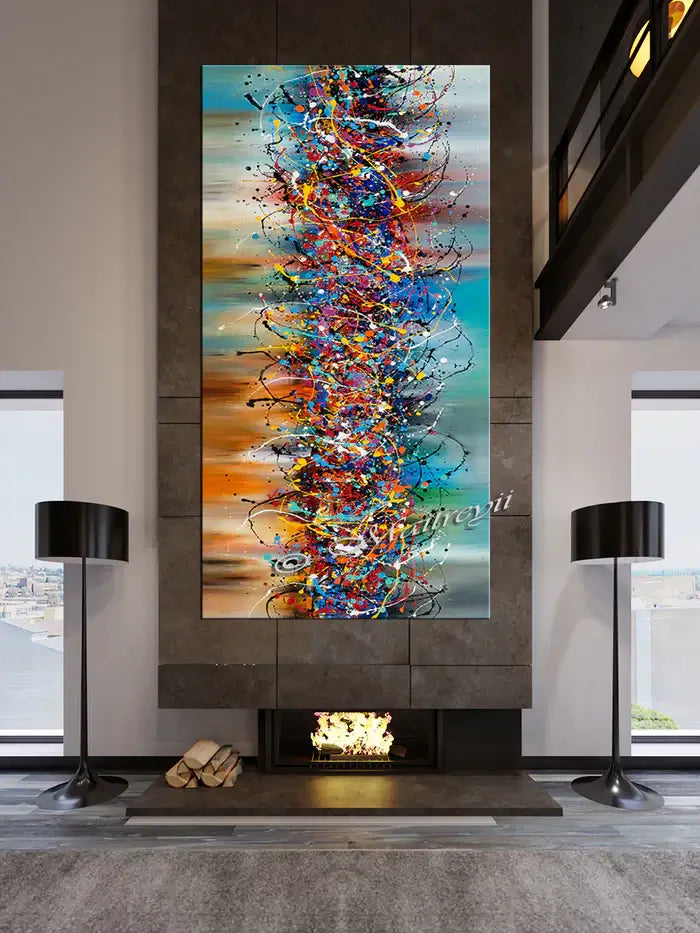 Large Abstract Wall Art displayed in a modern living room with bold colors and textures on canvas.
