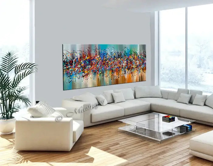 Large Jackson Pollock Style | Drip Painting displayed in a stylish living room with modern décor and natural light.