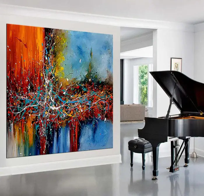 Dynamic Composition | Modern Abstract Wall Art by Maitreyii displayed above a piano in a contemporary living room.