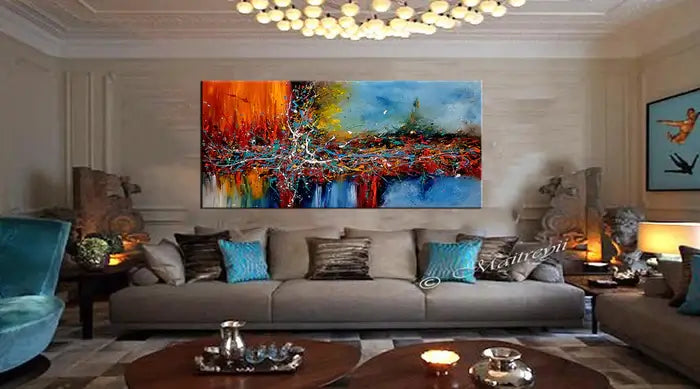 Dynamic Composition | Modern Abstract Wall Art by Maitreyii showcasing vibrant colors and emotion in a stylish living room.