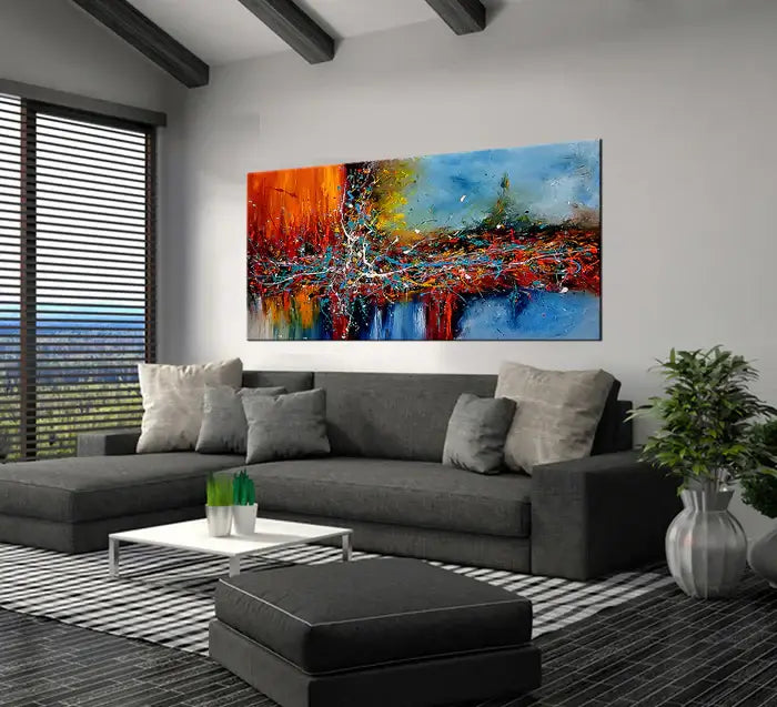 Dynamic Composition | Modern Abstract Wall Art by Maitreyii, colorful painting adding vibrant energy to a contemporary living room.
