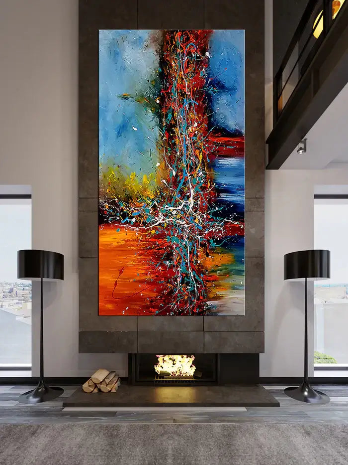 Dynamic Composition | Modern Abstract Wall Art by Maitreyii displayed above a contemporary fireplace.