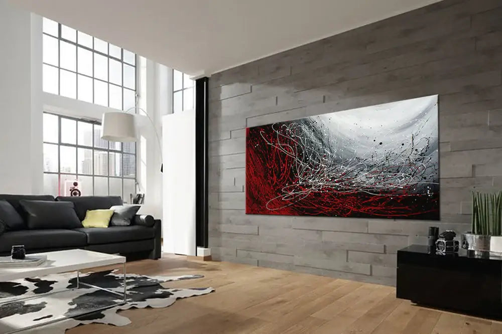 Original Pollock Style Artwork displayed in a modern living room, featuring abstract red and white drip paint design.