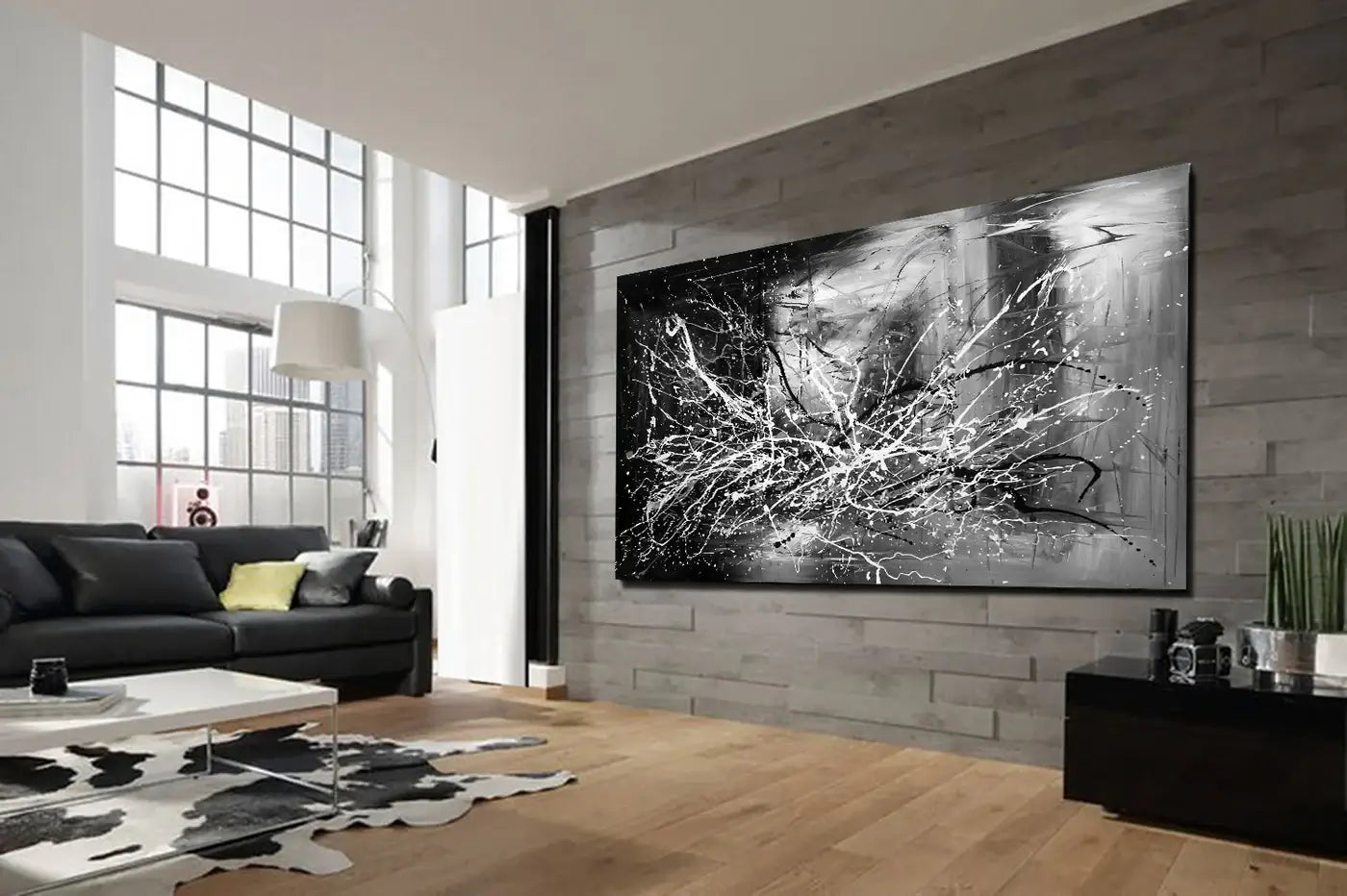 Affordable Abstract Art Online | Black and white abstract painting displayed in a modern living room.