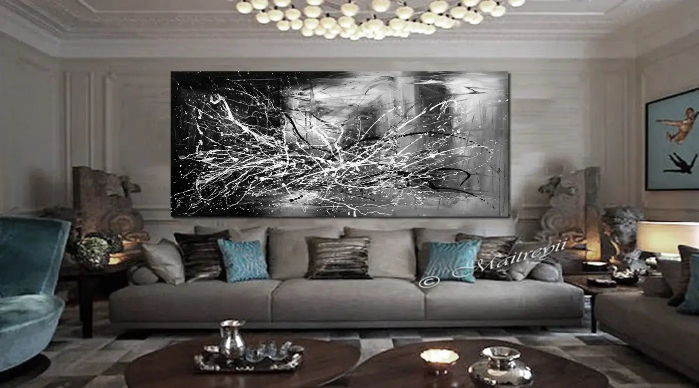 Affordable Abstract Art Online - Black and white modern wall art in a stylish living room setting.
