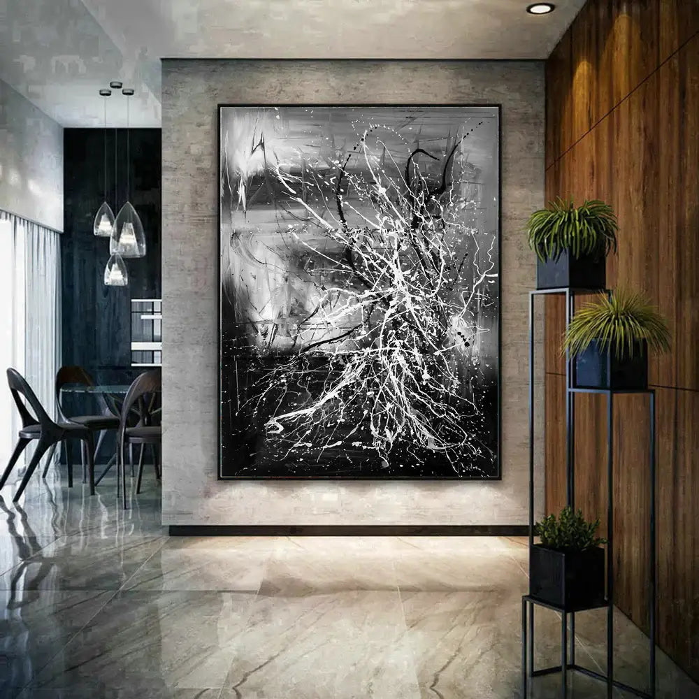 Affordable Abstract Art Online | Black and white abstract artwork in modern living room setting.