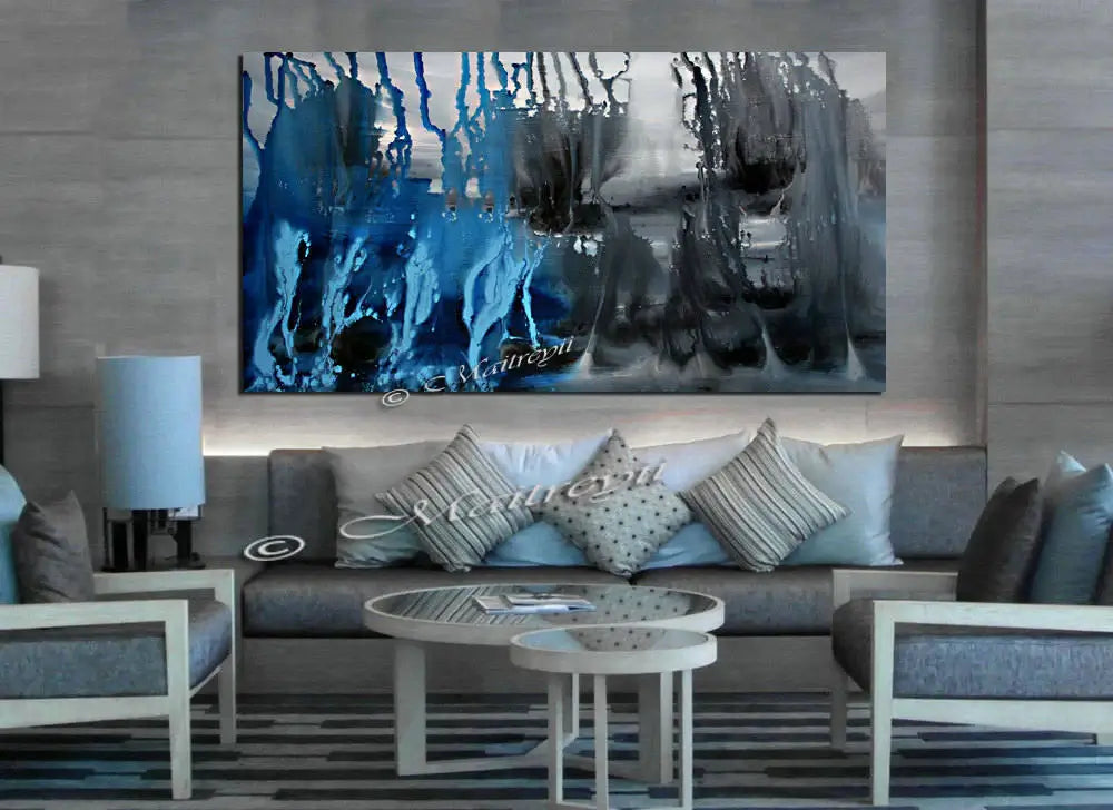 Abstract Paintings For Sale - Handmade modern wall art featuring blue tones displayed in a stylish living room.