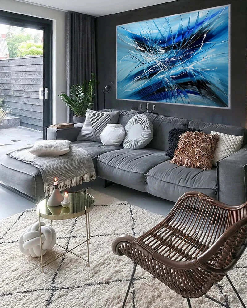 Large Wall Art - Handmade Modern Abstract Canvas Painting in Blue Ray displayed in a stylish living room.