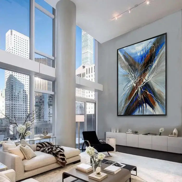 Large Wall Art | Modern abstract canvas painting "Blue Ray 3" displayed in a contemporary living room.