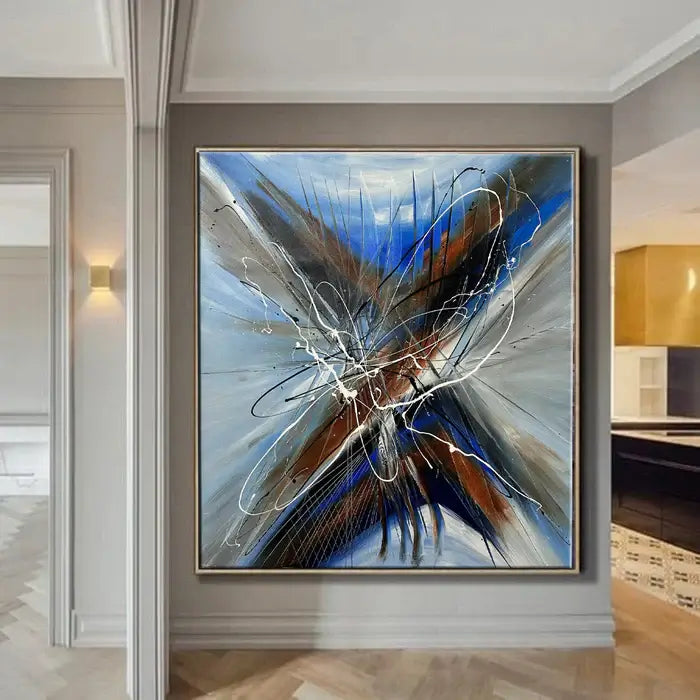 Large Wall Art | Modern abstract canvas painting "Blue Ray 3" displayed in a stylish living room.