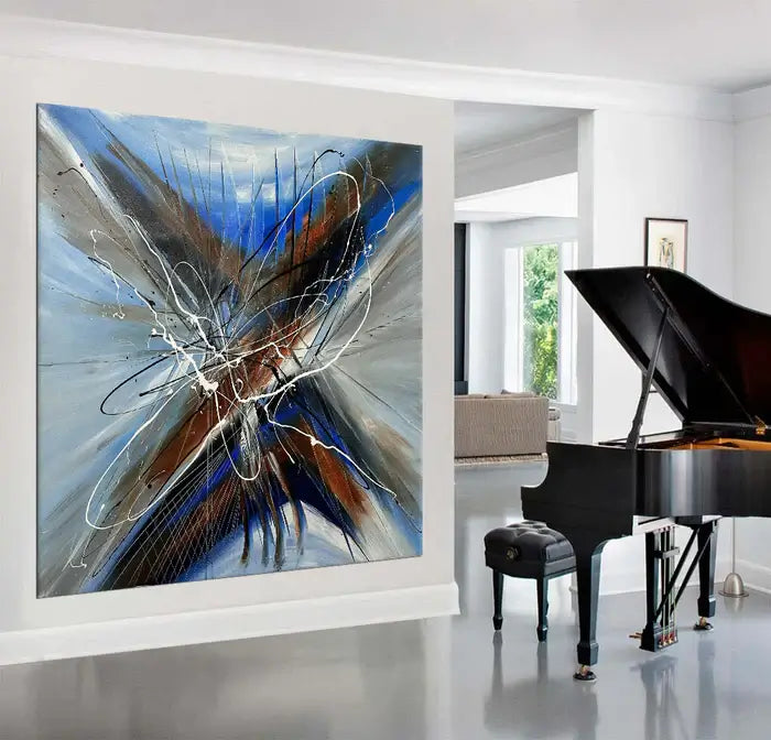Large Wall Art featuring Blue Ray 3 abstract canvas painting displayed in a modern living room setting with a piano.