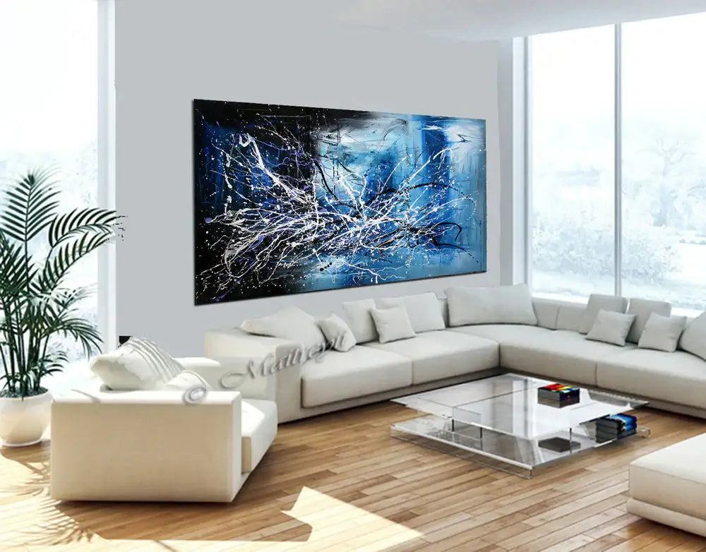 Colorful Abstract Painting displayed in a modern living room, highlighting blue hues and dynamic texture.