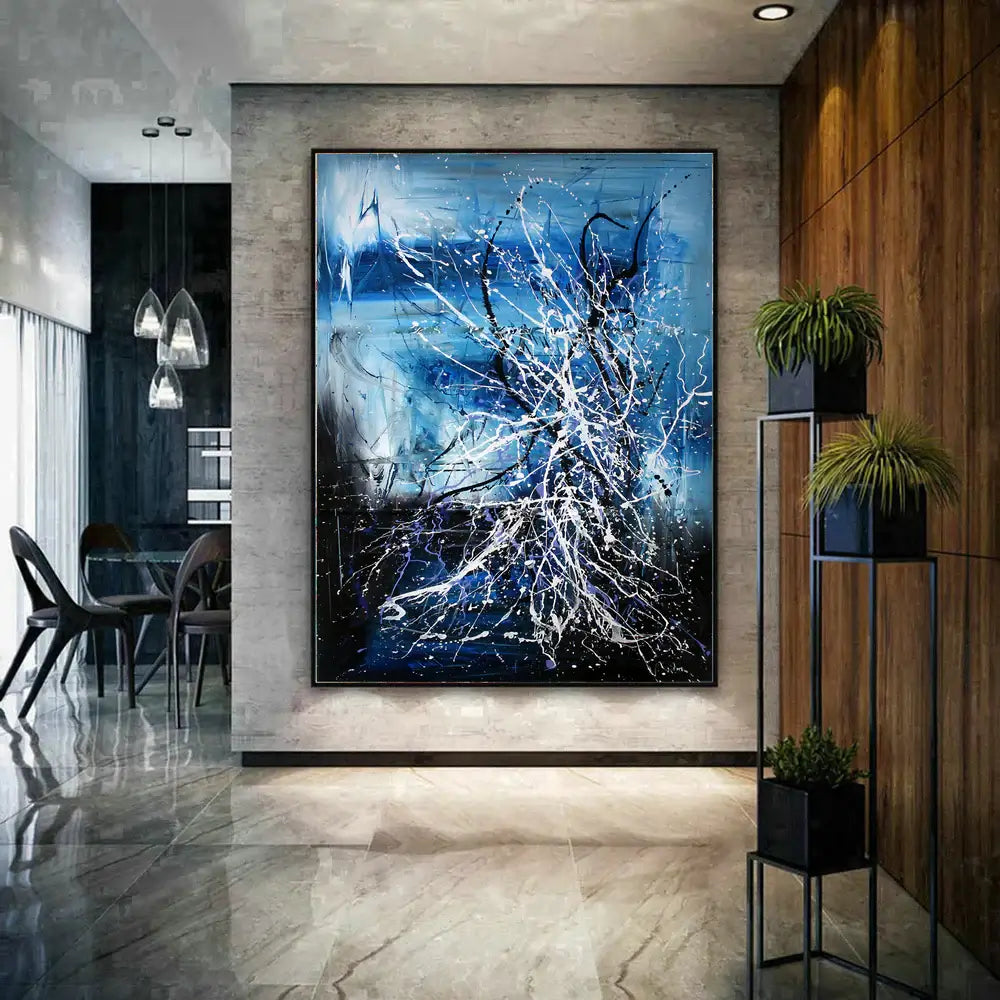 Colorful Abstract Painting in modern interior with blue hues and dynamic textures perfect for wall decor.