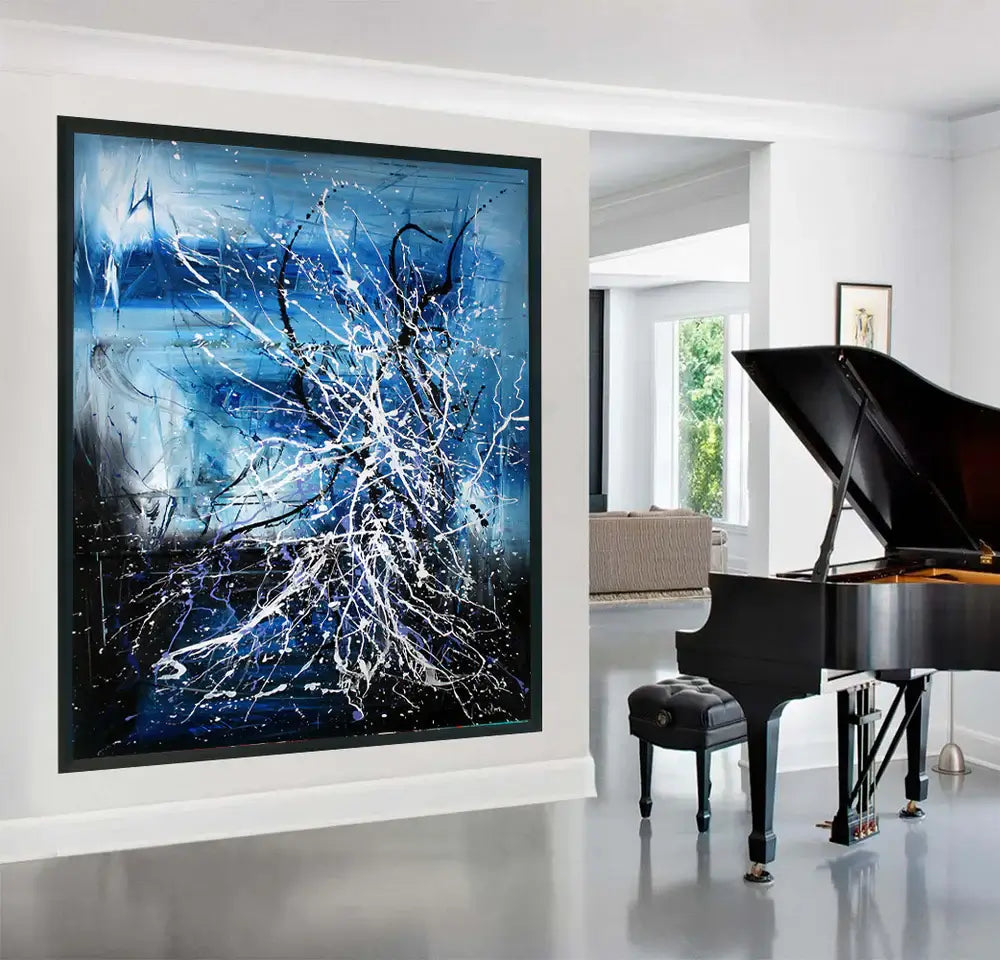 Colorful Abstract Painting - Vibrant modern wall art in a stylish interior featuring blue hues and dynamic texture.
