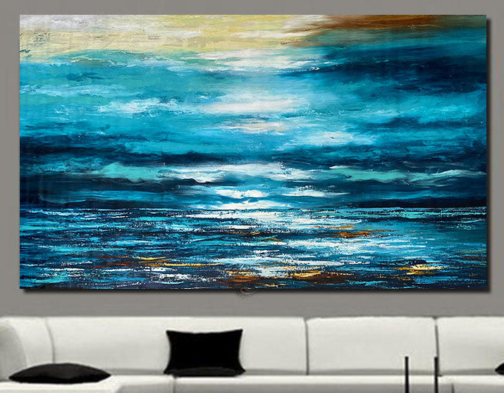 Blue Abstract Wall Art displayed in a modern living room with a stylish couch and contemporary decor.