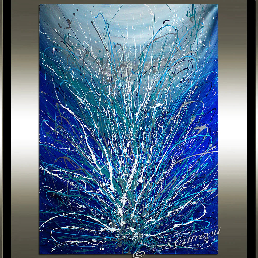 Large Wall Art by Maitreyii, a handmade abstract canvas painting with shimmering blue tones and textured layers.