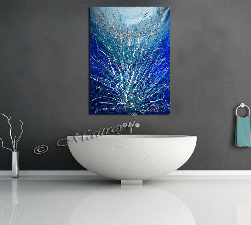 Large Wall Art by Maitreyii featuring a handmade abstract canvas painting titled Blue Sparkle in a modern bathroom.