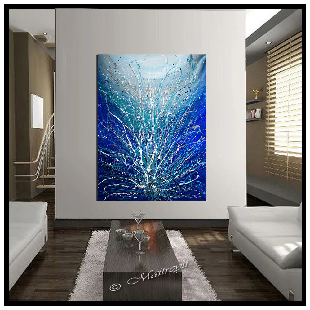 Large Wall Art by Maitreyii featuring a handmade abstract canvas painting titled Blue Sparkle in a modern living room.