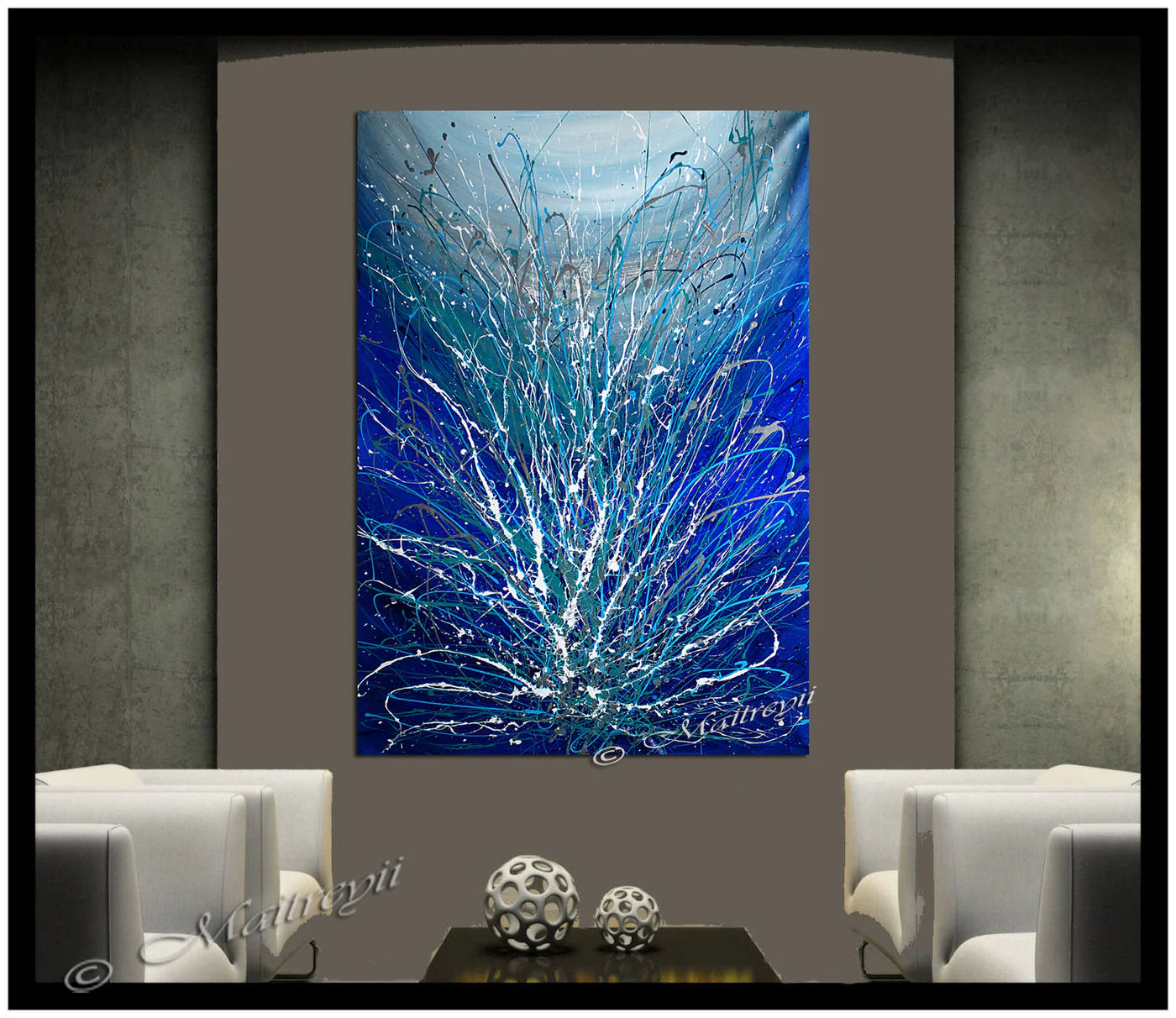Large Wall Art by Maitreyii, handmade abstract canvas painting titled Blue Sparkle, elegant blue tones and textures.