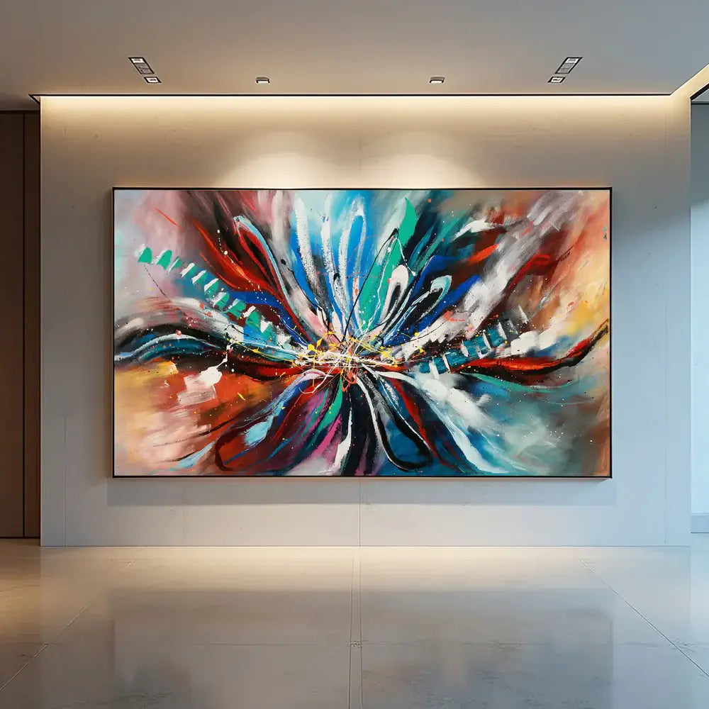 Large Modern Art Oil Painting showcased in a contemporary interior, featuring bold colors and abstract design.