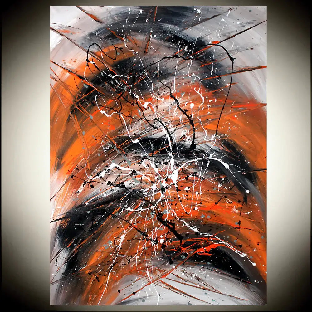 Modern abstract painting showcasing vibrant orange and black colors with intricate white splashes, perfect for wall decor.