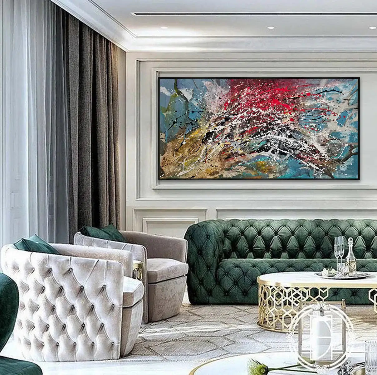 Abstract painting in Jackson Pollock style showcased in a modern living room with elegant decor and seating.