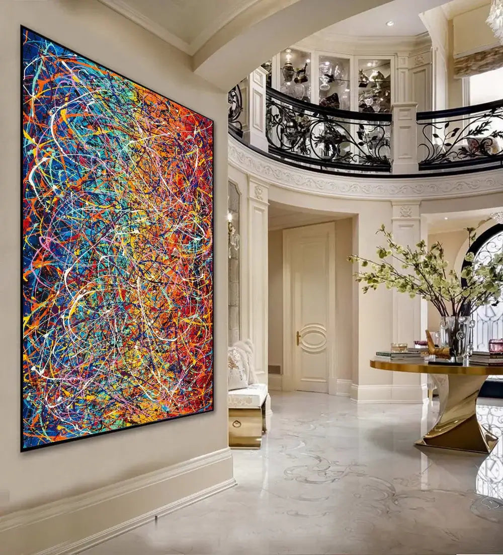Jackson Pollock Style Art displayed in a modern home interior, showcasing vibrant colors and abstract drip painting.